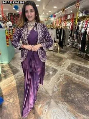 TRENDBUY Ready to Wear Lavender Saree with Embroidery Sequence Koti Jacket for Women