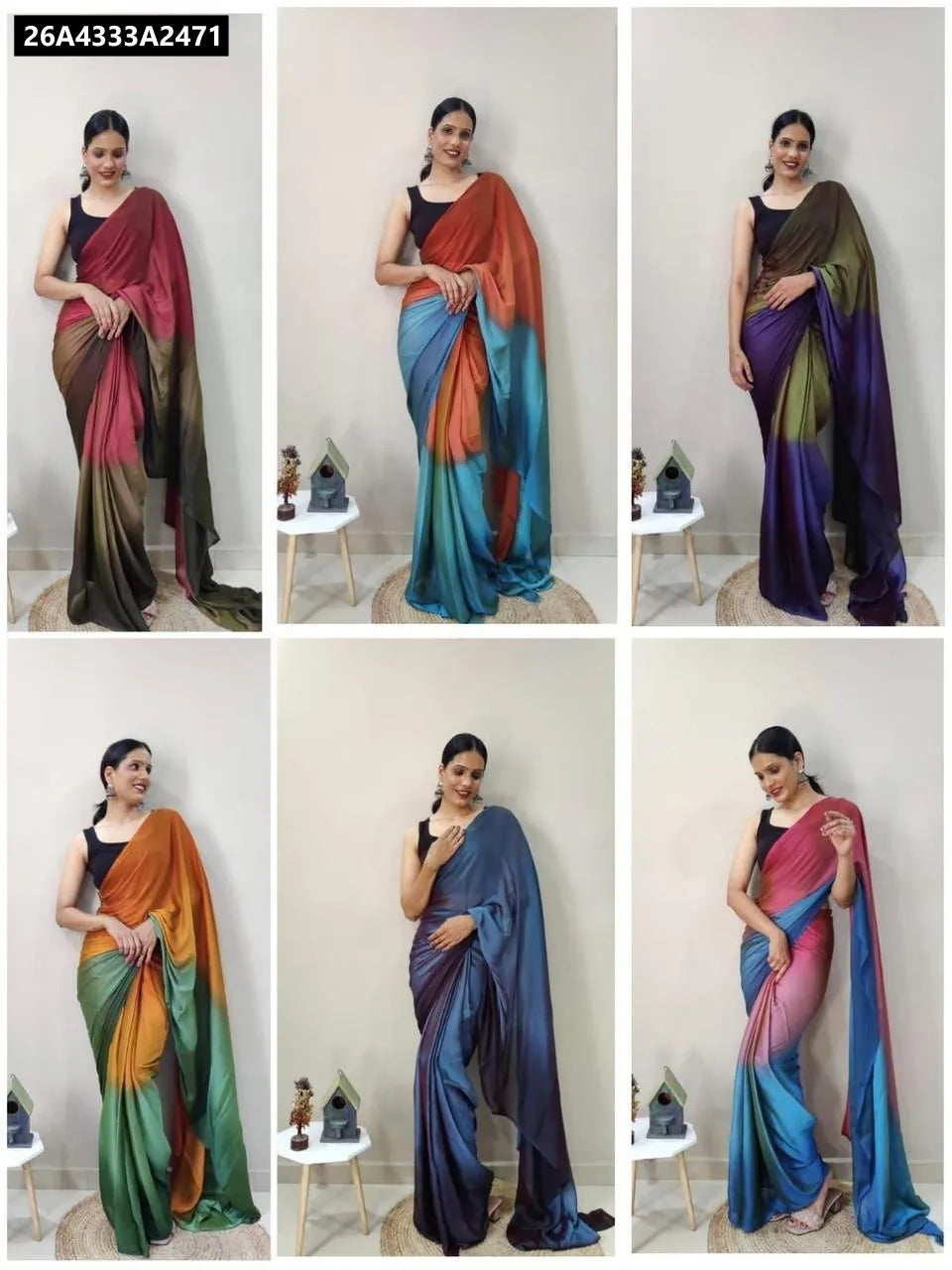 TRENDBUY Ready-to-Wear Ombre Saree in Sunset Bloom (Pink, Brown, Green Moss Nylon) for Women, Festive Wear.