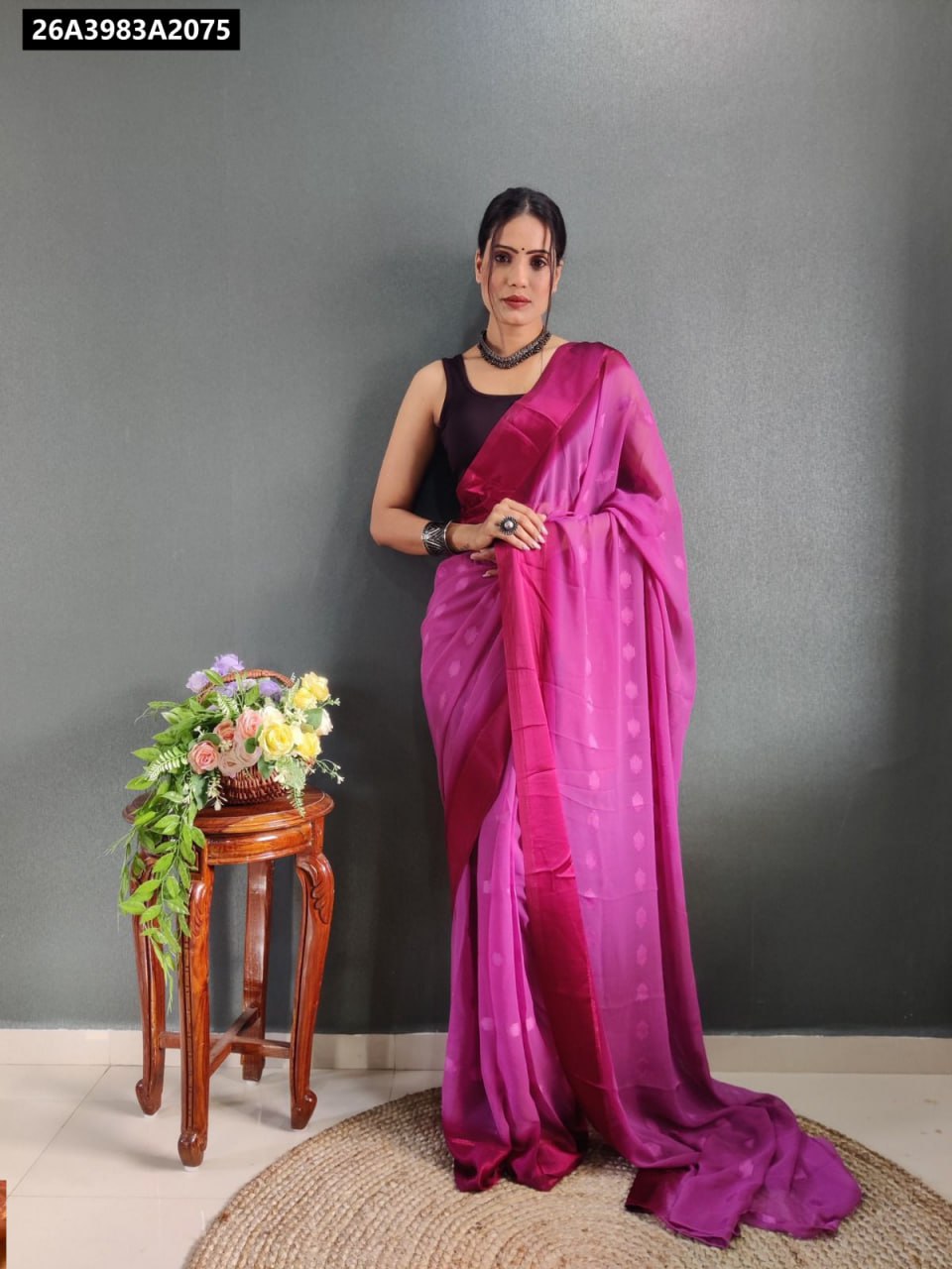 TRENDBUY Magenta Ready to Wear Georgette Saree with Satin Butti for Women