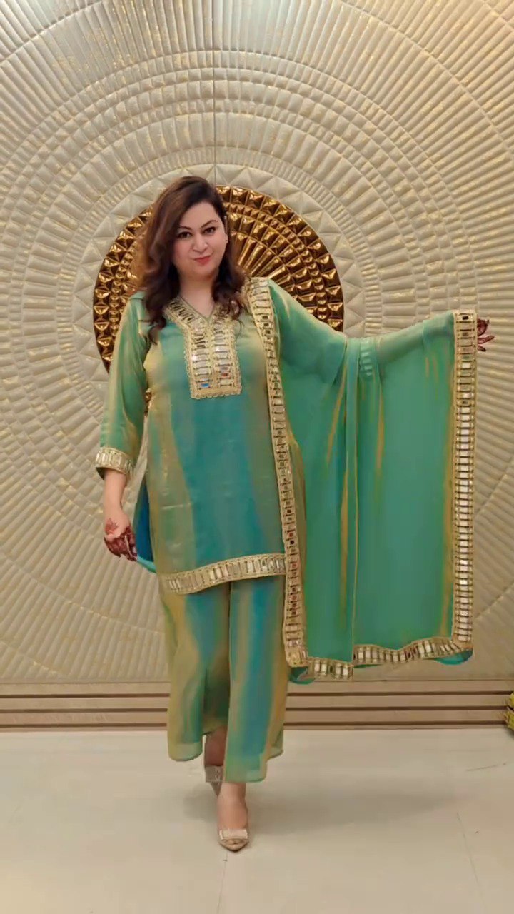 Model wearing Emerald Teal Real Mirror Work Palazzo Set with dupatta, festive wear