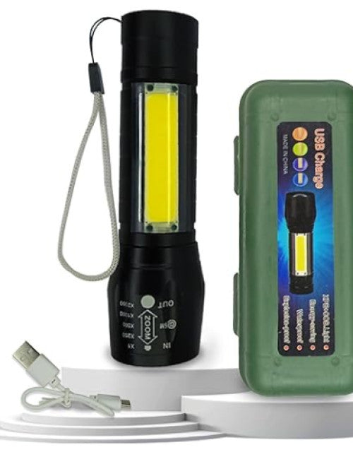 Rechargeable LED long-range mini flashlight torch held, powerful beam for search and emergency.