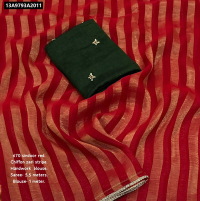 Red Chiffon Zari Stripe Saree for Women | Festive Ready