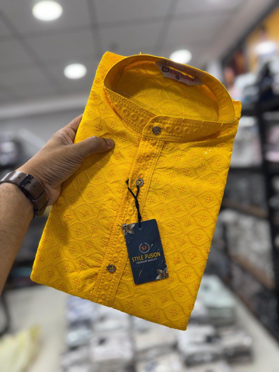 TRENDBUY Men's Chikankari Sequin Kurta Pajama Set - Yellow