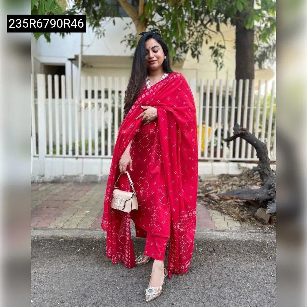 Model posing elegantly in TRENDBUY Women's Ruby Red Reyon Embroidered Kurta Set with matching dupatta