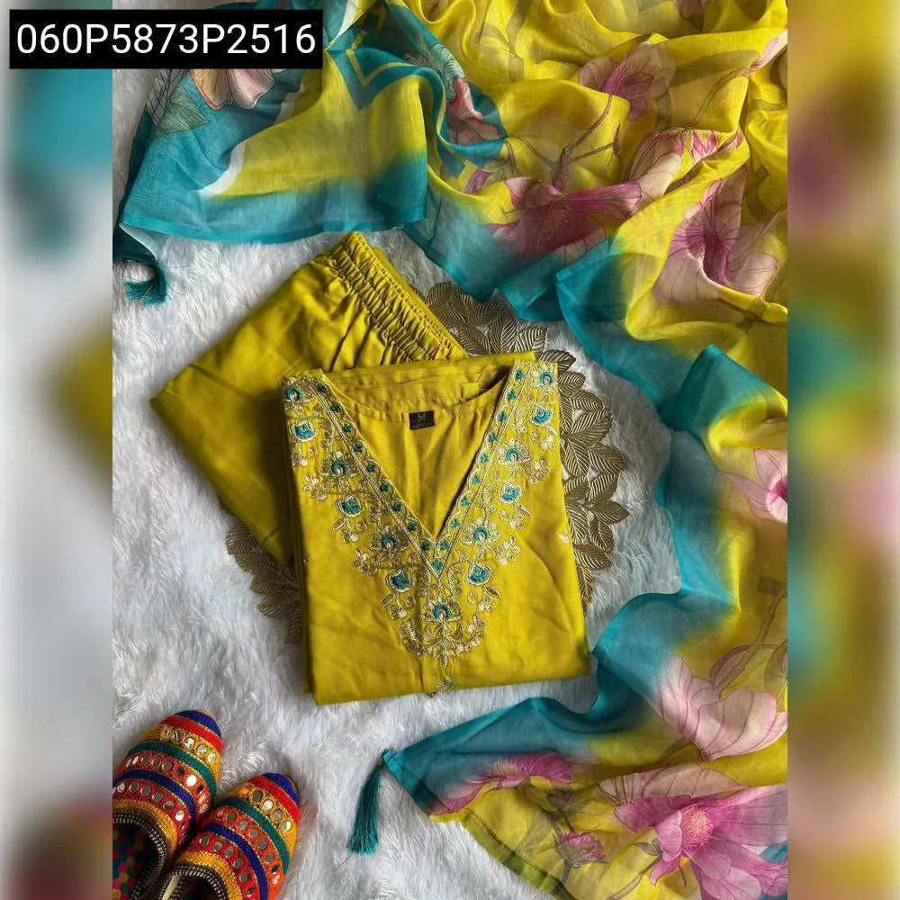 TRENDBUY Reyon Slub Kurti Set with intricate embroidery, Reyon pants, and Chanderi digital print dupatta, flat lay.
