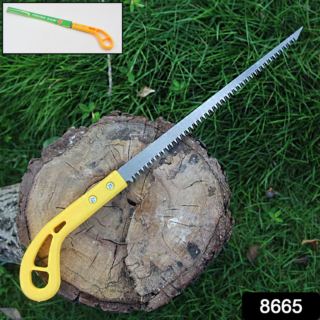 Portable high-strength hand saw with orange handle cuts wood.