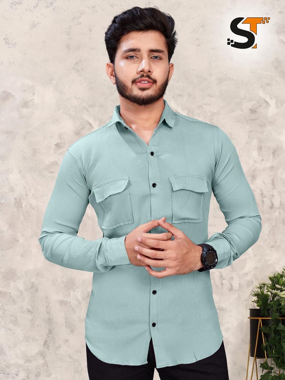Men's Ribbed Full Sleeve Shirt in Pista Green, front view