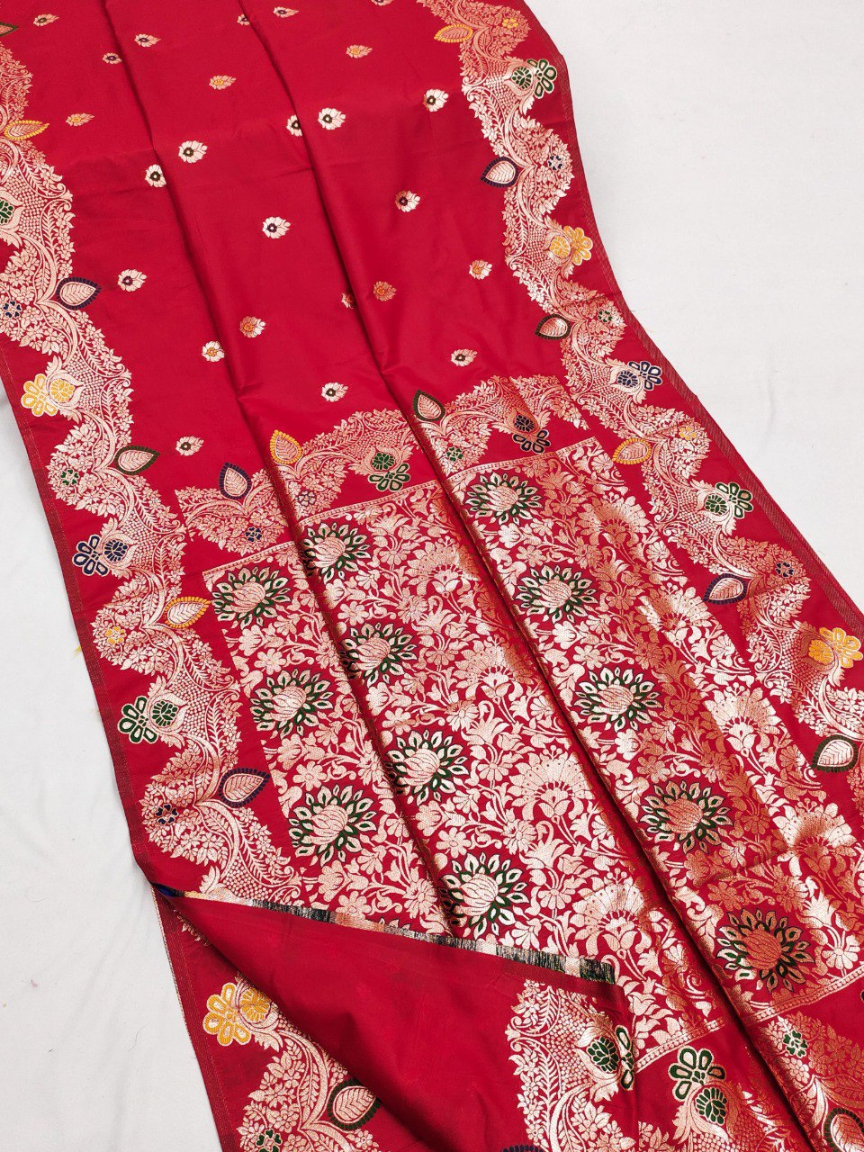 Red Banarasi Silk Saree with elaborate gold zari weaving