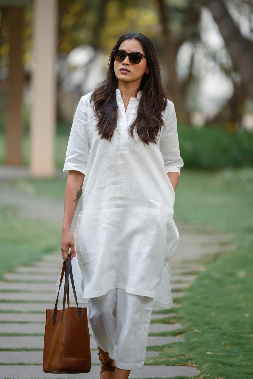 TrendBuy White A-Line Kurti Palazzo Co-Ord Set - TREND BUY