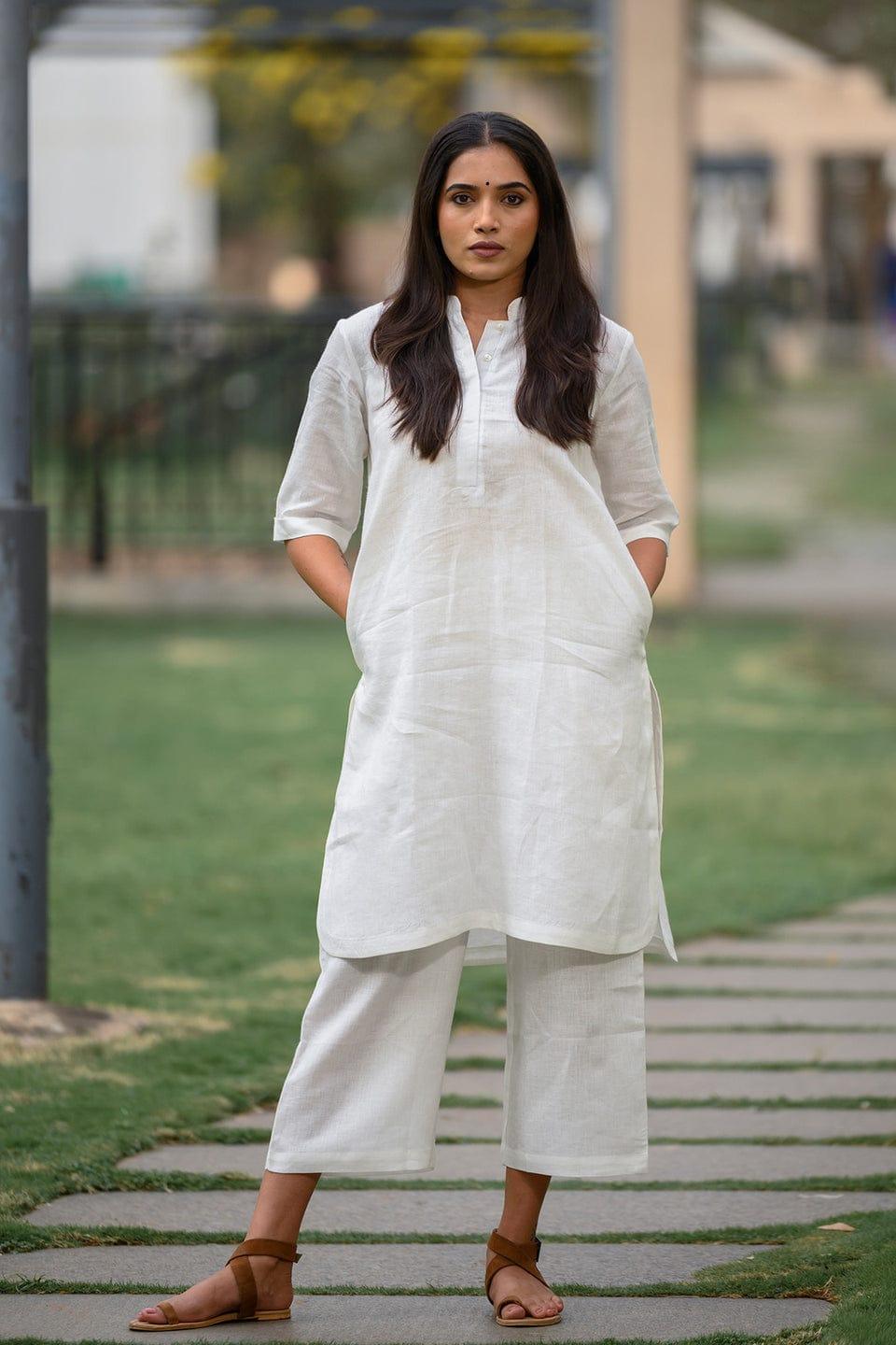 TrendBuy White A-Line Kurti Palazzo Co-Ord Set - TREND BUY