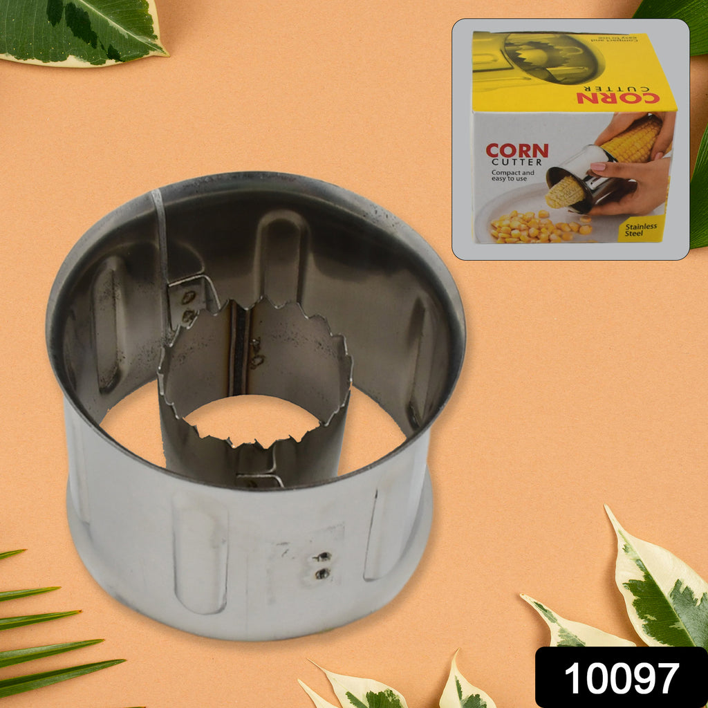 Stainless steel corn cutter tool for stripping kernels from a cob.