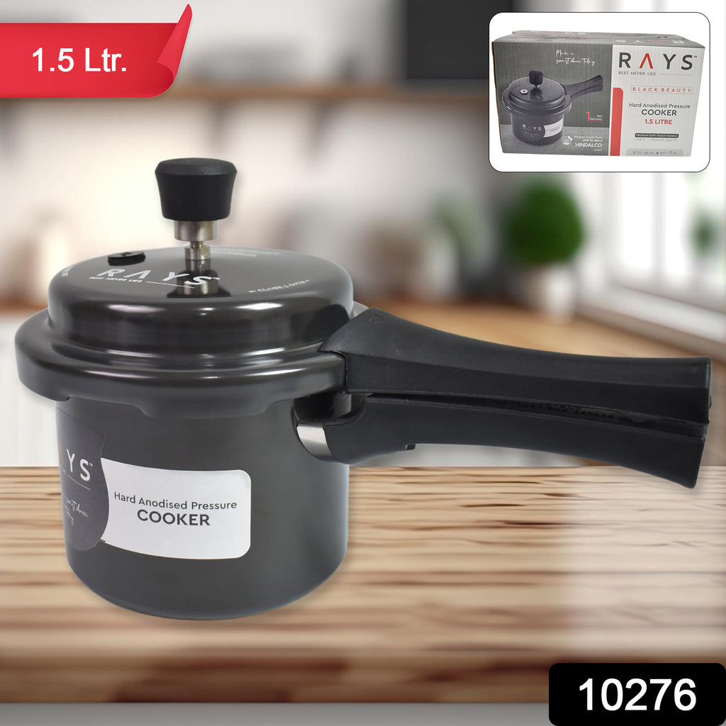 Aluminium Rays Black Beauty 1.5 Litre pressure cooker with outer lid.