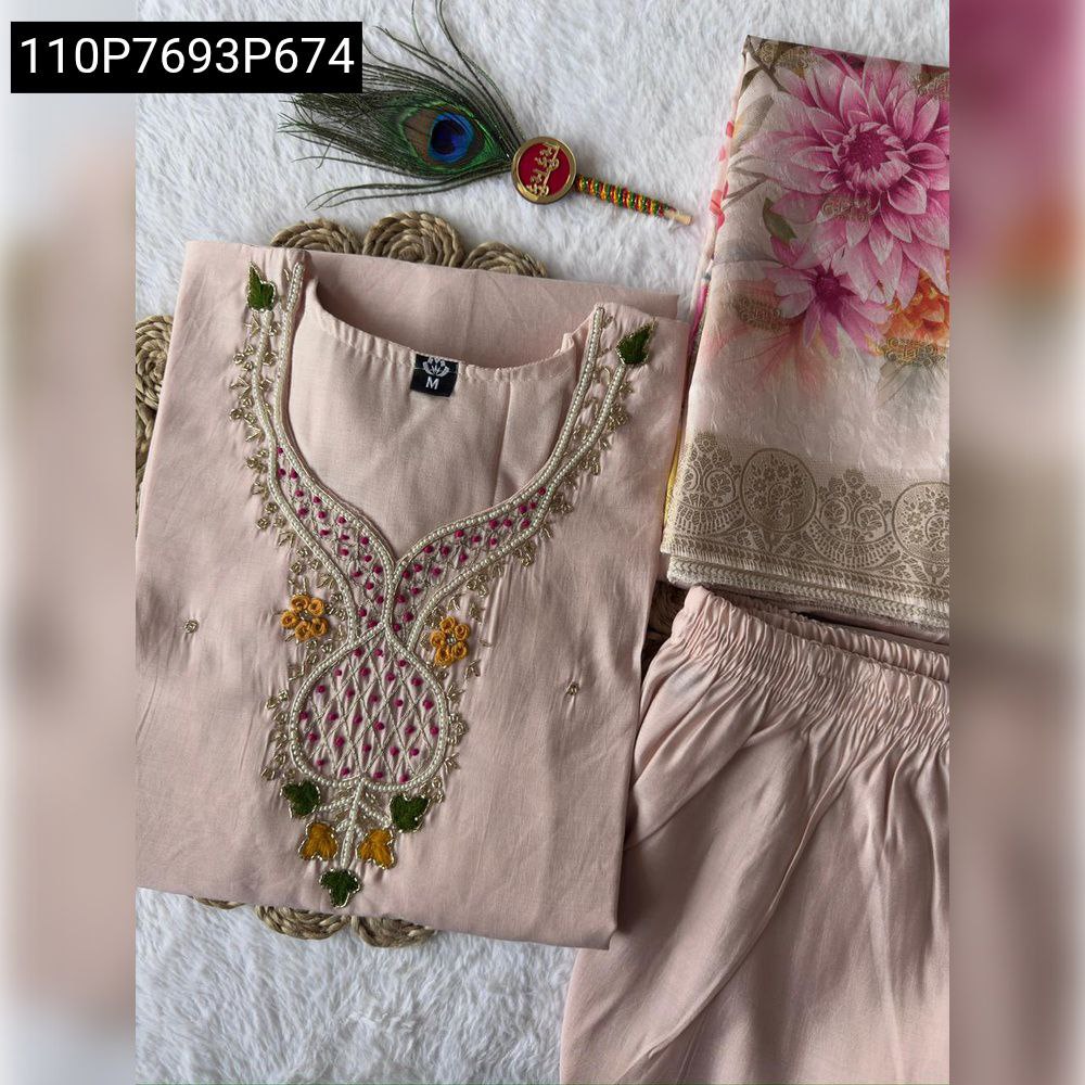 Light Peach Roman Silk Suit with hand work neckline, Lichi Silk Jacquard Dupatta and Pant.