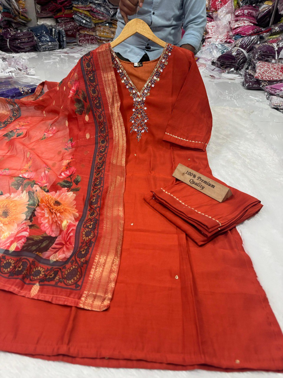 Rust Roman Silk Handwork Suit for Women with Floral Chanderi Dupatta