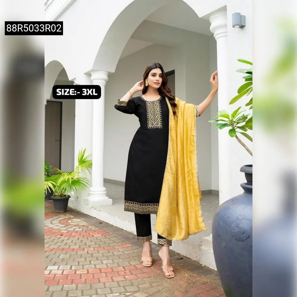 TRENDBUY Roman Silk Straight Kurti Set in Black with yellow dupatta, front view, festive wear for women