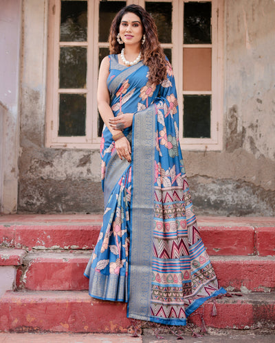 Royal Blue Banarasi Silk Saree for Women | Digital Print Floral