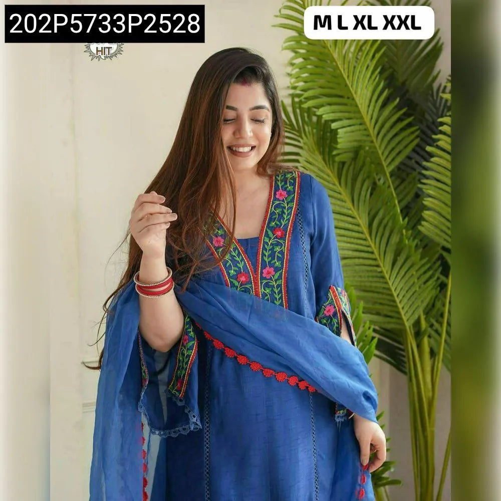 Model wearing Royal Blue embroidered cotton slub kurti set, front view, smiling