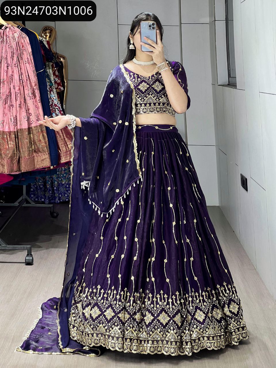 Model wearing TRENDBUY Royal Glamour Violet Beads Embroidery Lehenga, front view.