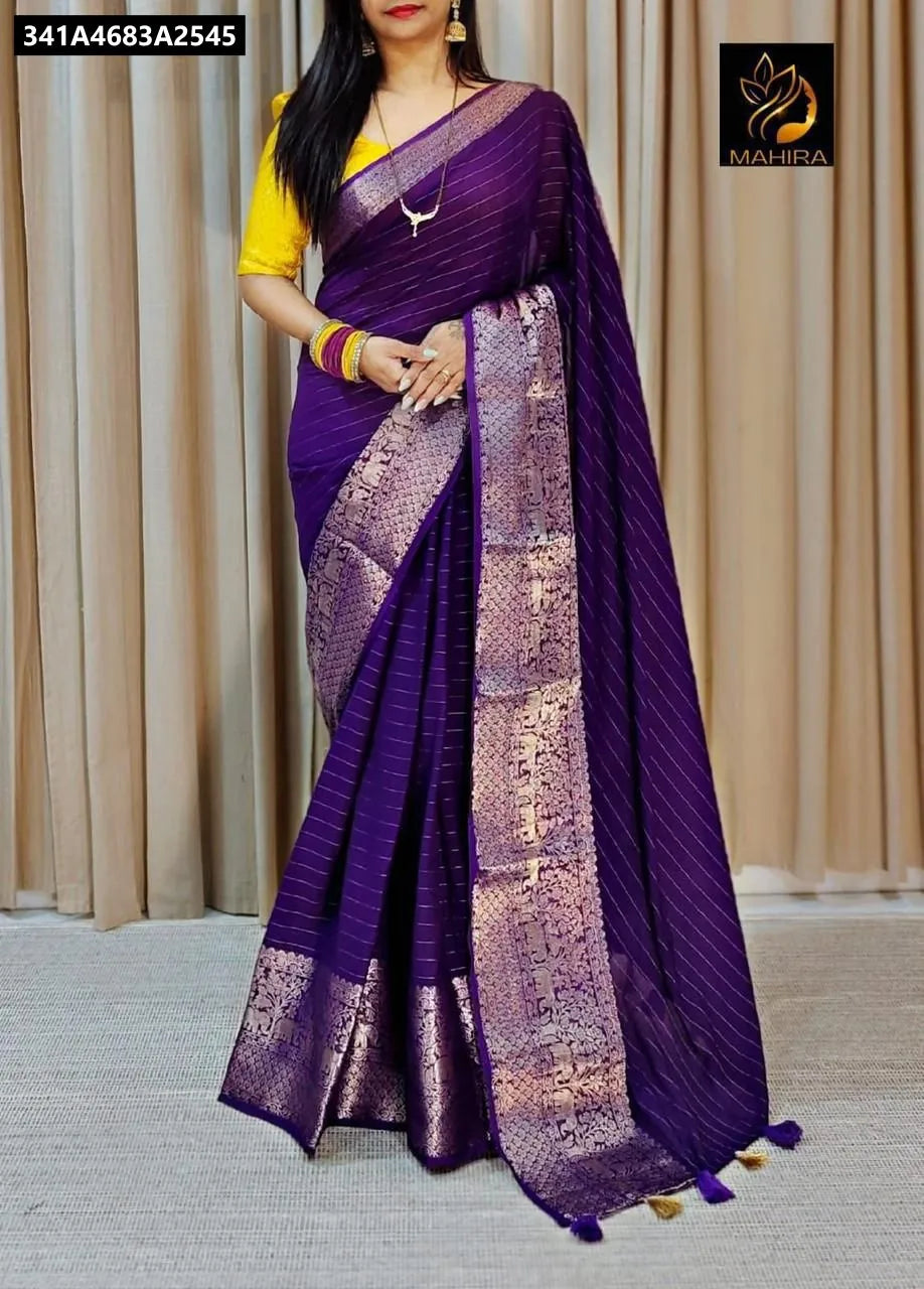Full-body shot of a model gracefully posing in TRENDBUY's Royal Purple Dola Rasiyan Saree with a yellow contrast blouse, showcasing the drape and border.