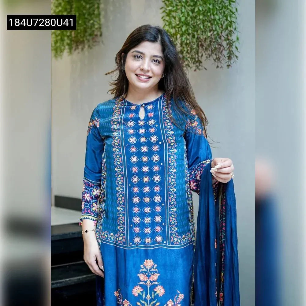 TRENDBUY Russian Silk Kurti Pant Dupatta Set in Blue, front-facing model