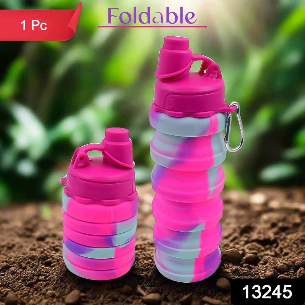 Foldable silicone water bottle, 500ml, shown collapsed for portability.