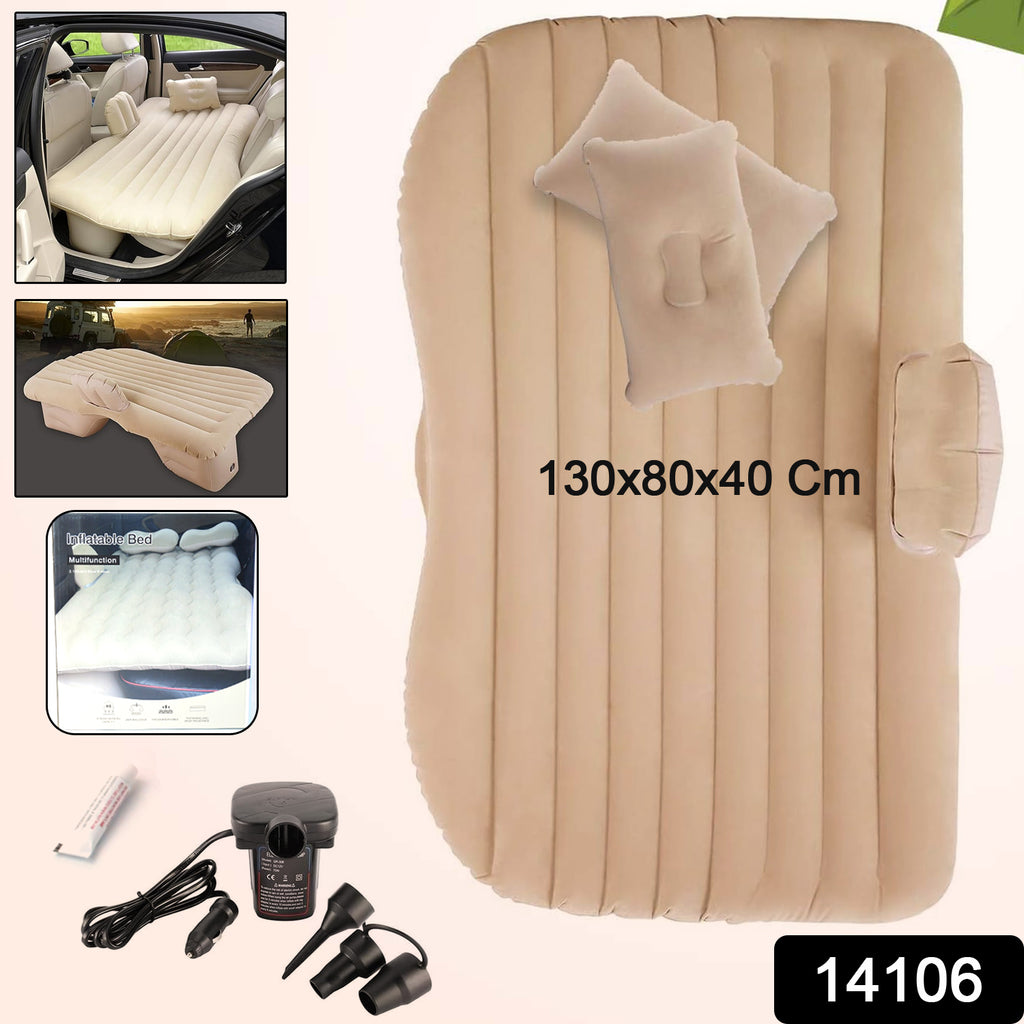 Portable inflatable air mattress bed setup in a car backseat, perfect for travel and rest.