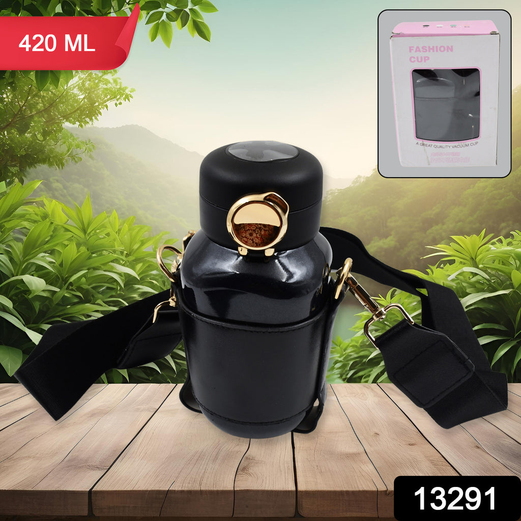 Sleek 420ml steel thermos bottle with digital temperature display and convenient push-button lid.