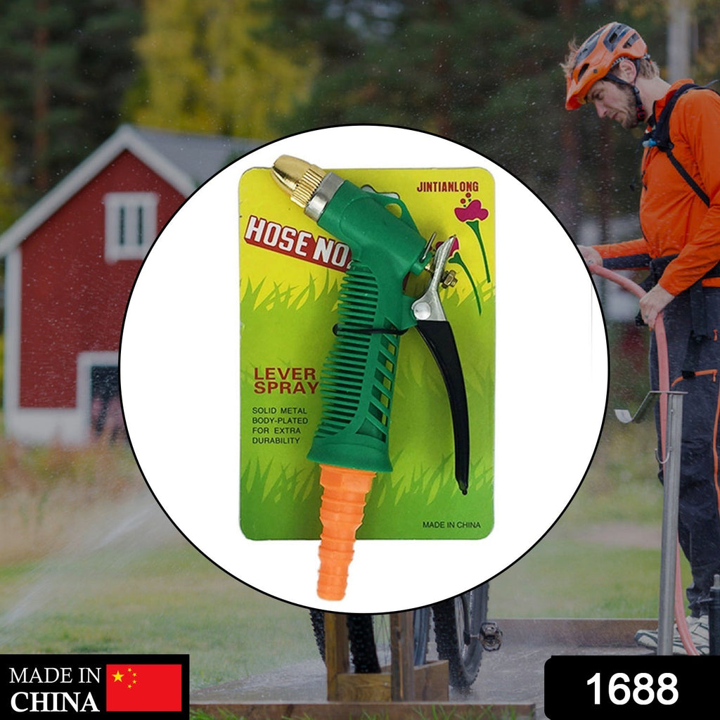 1688 Durable Hose Nozzle Water Lever Spray Gun held by hand, actively spraying water