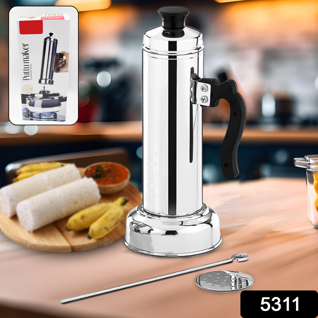 Stainless steel puttu maker set with black handle, silver lid, and steamer for pressure cooker top