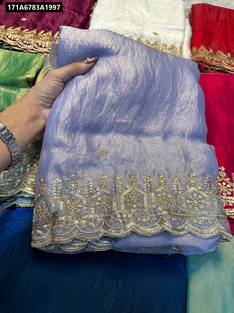 Lavender Fandy Satin Saree with Butterfly Embroidery, TRENDBUY