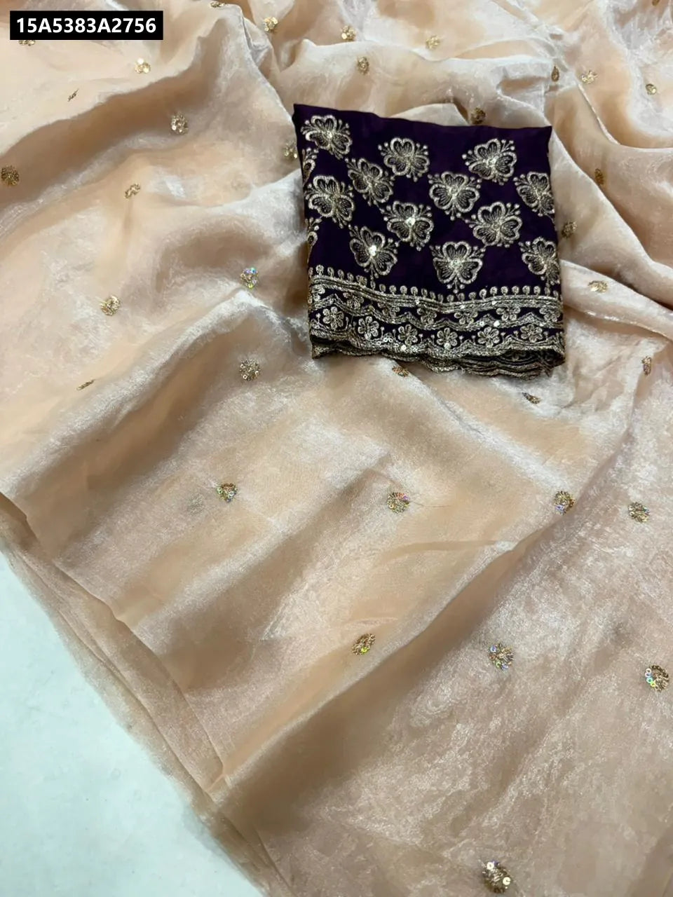 TRENDBUY Peach Satin Saree with Multi-Sequence Embroidery and Chinon Blouse