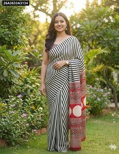 Satin Silk Saree for Women | Digital Print Striped Casual & Festive Wear