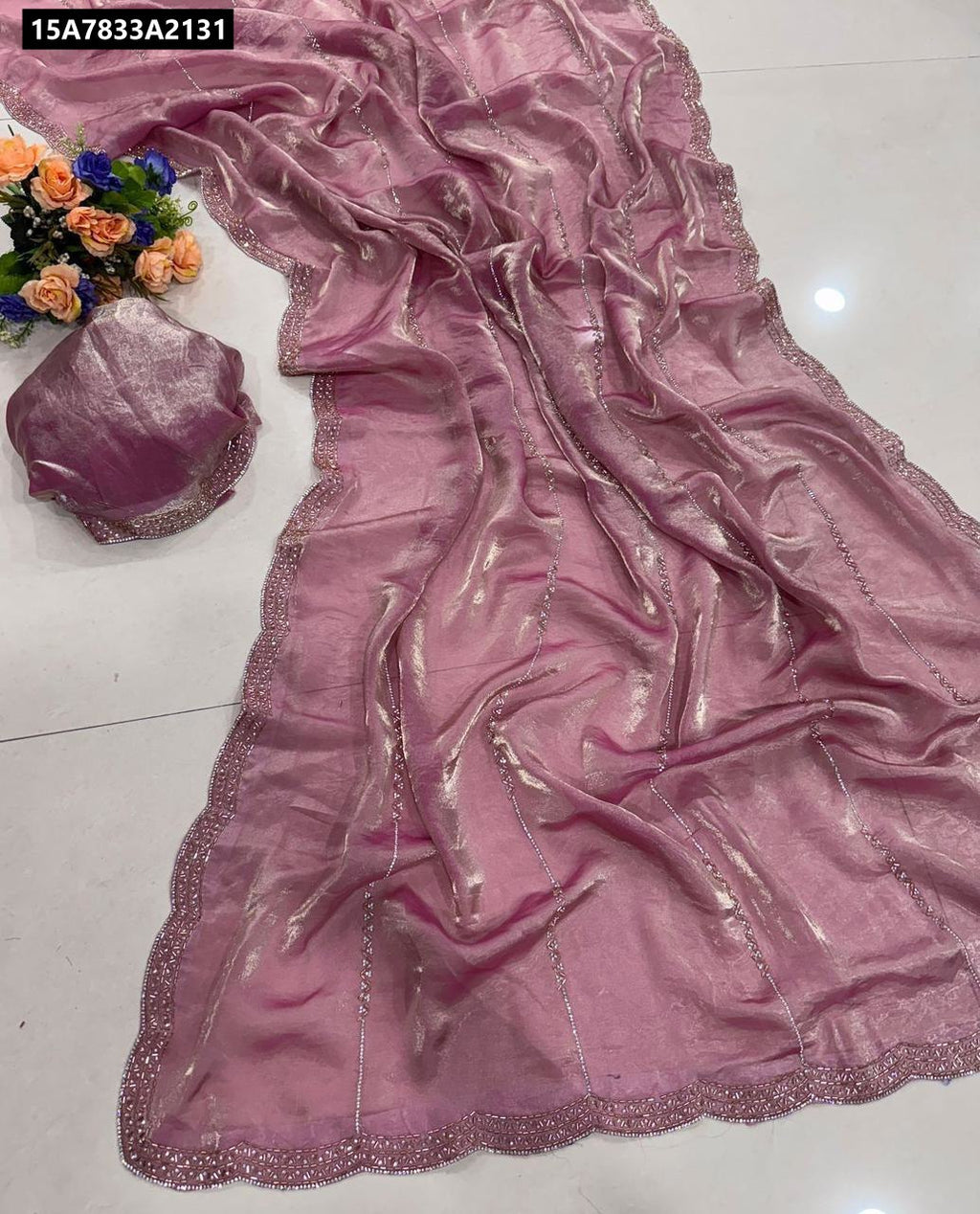 Mauve Pink Space Satin Silk Saree with Zarkan Work and Matching Blouse Piece - Flat Lay by TRENDBUY