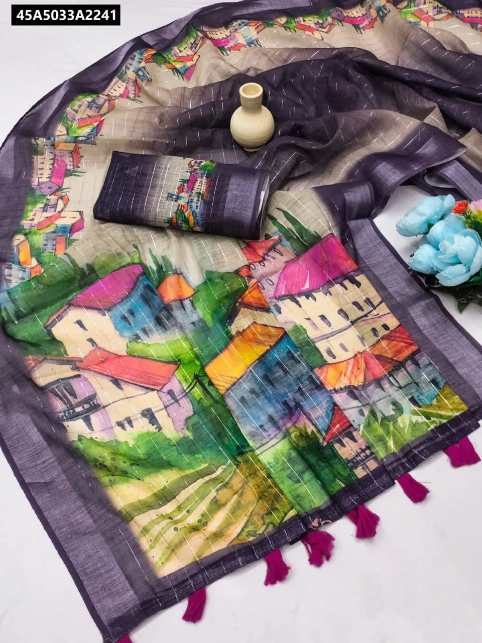 TRENDBUY Amethyst Hues Linen Saree with artistic cityscape print and zari border, flat lay