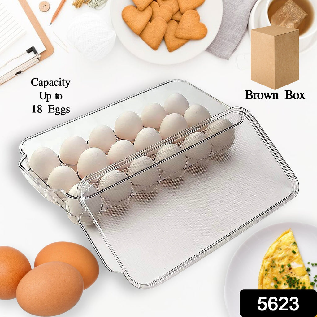 Clear plastic 18-egg storage box with lid and handles for refrigerator organization.