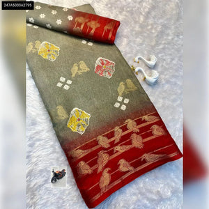 Premium Semi Dola Silk Weaving Border Saree with Elegant Bird Motifs