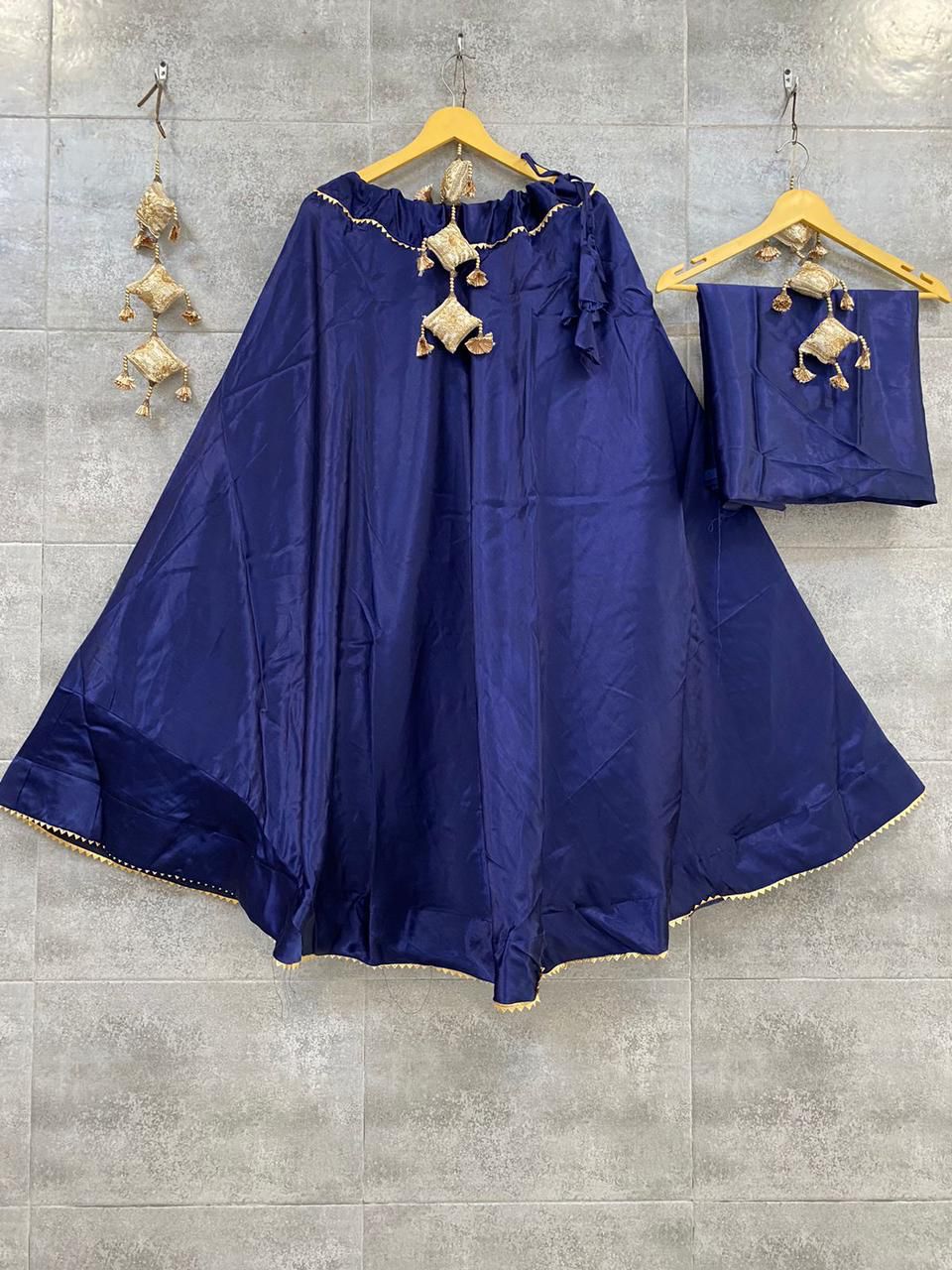 Navy Blue Semi Gaji Silk Lehenga with Tassels and Blouse Piece