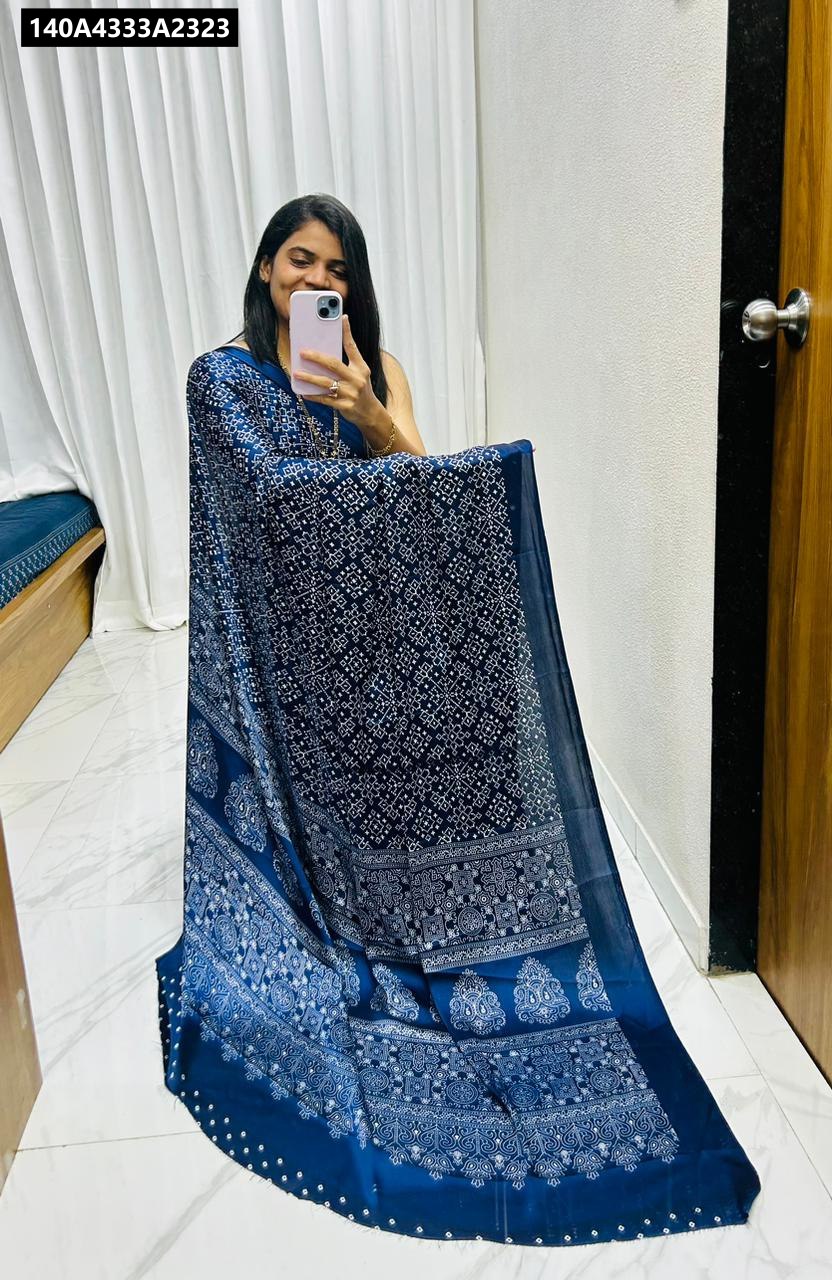 TRENDBUY Deep Blue Semi Gajji Silk Saree with Ajrakh Bandhej pattern detail, close-up