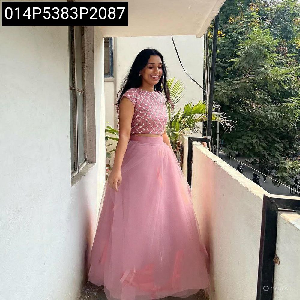 TRENDBUY Sequence Embroidered Crop Top Skirt Set for Women - Front View
