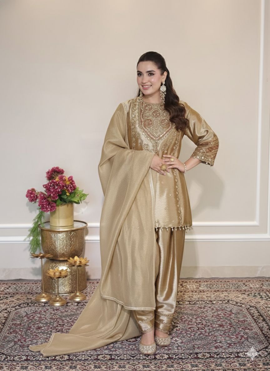 Model wearing a golden sequence embroidered Fendy Salwaar Suit with dupatta, posing elegantly for a wedding occasion.