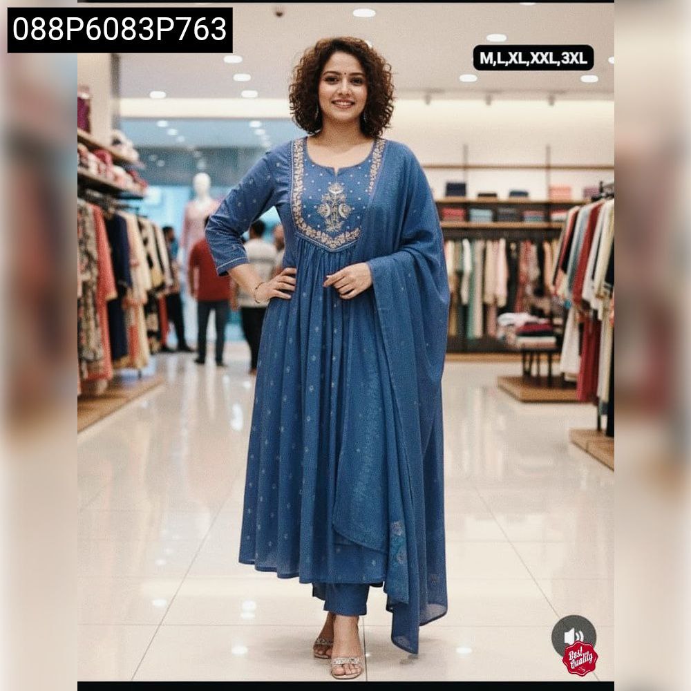 Women's Teal Blue Sequence Embroidery Anarkali Kurti Set with Dupatta, full body view, model smiling in a retail store.