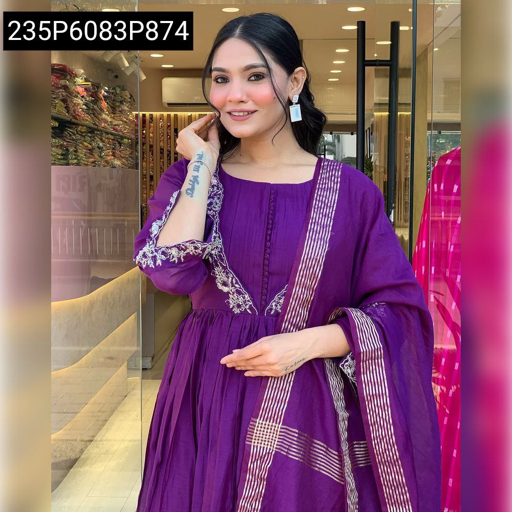 Smiling woman posing in deep purple sequence embroidery kurti set, front view