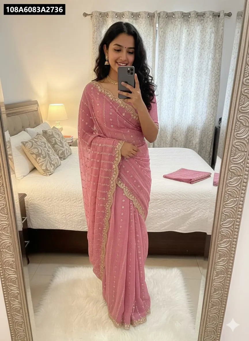 TRENDBUY Pink Sequence Work Georgette Saree worn by model (full body mirror selfie)