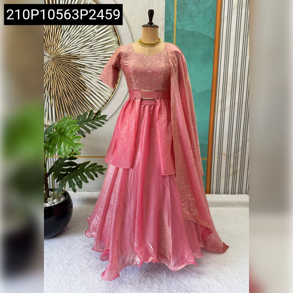 Model wearing Red Space Silk Lehenga Set with Frill, Belt, and Dupatta, front view