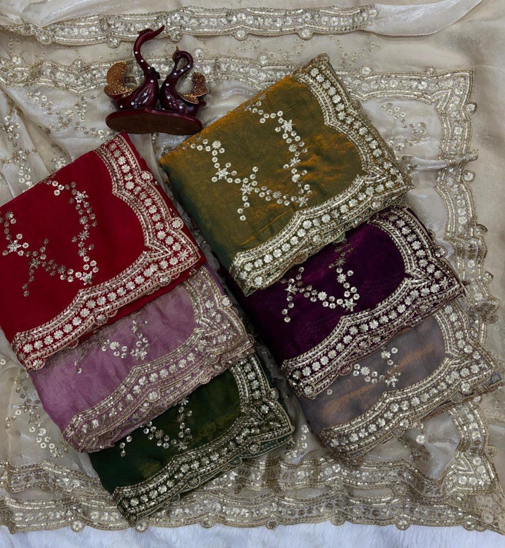 TRENDBUY Sequins Embroidered Saree collection with multiple colors and intricate work.