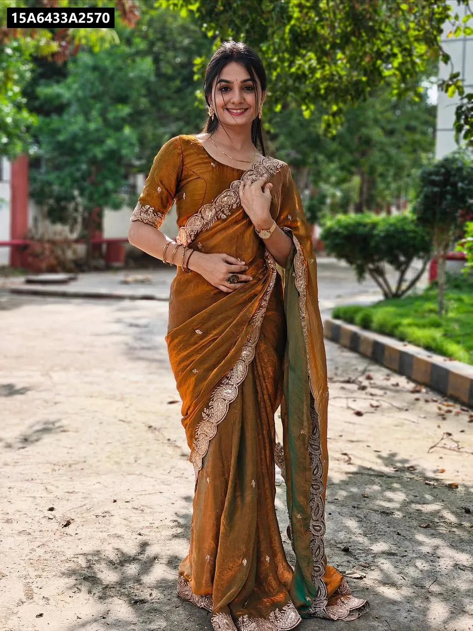Model wearing TRENDBUY elegant shaded chiffon saree with sequin embroidery