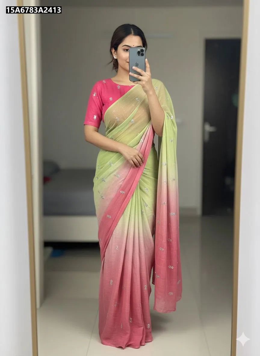Model wearing TRENDBUY Emerald Blush Shaded Saree with Multi Sequence Embroidery and Pink Blouse