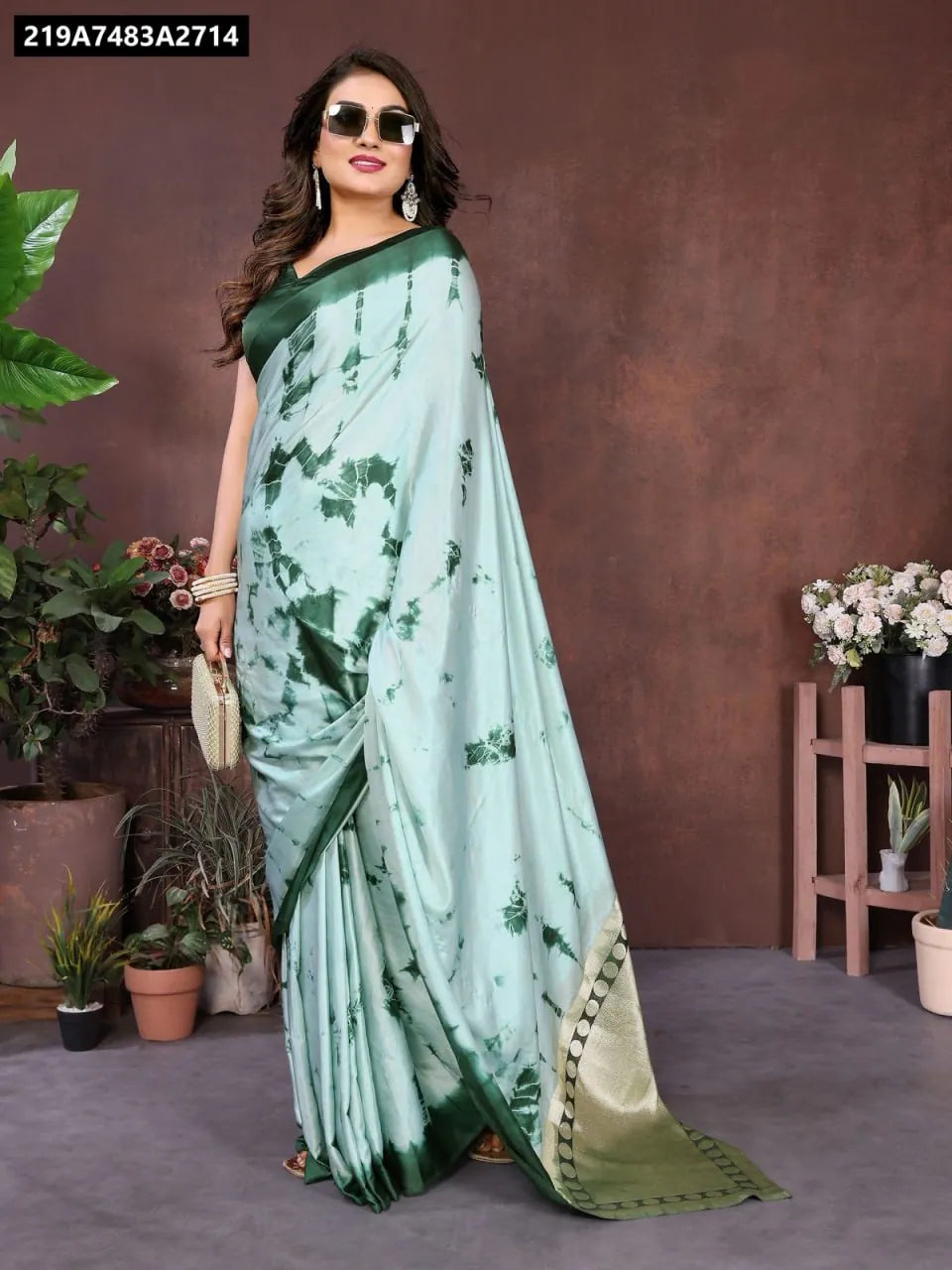 TRENDBUY Shibori Satin Silk Saree in Mint Green with Zari border