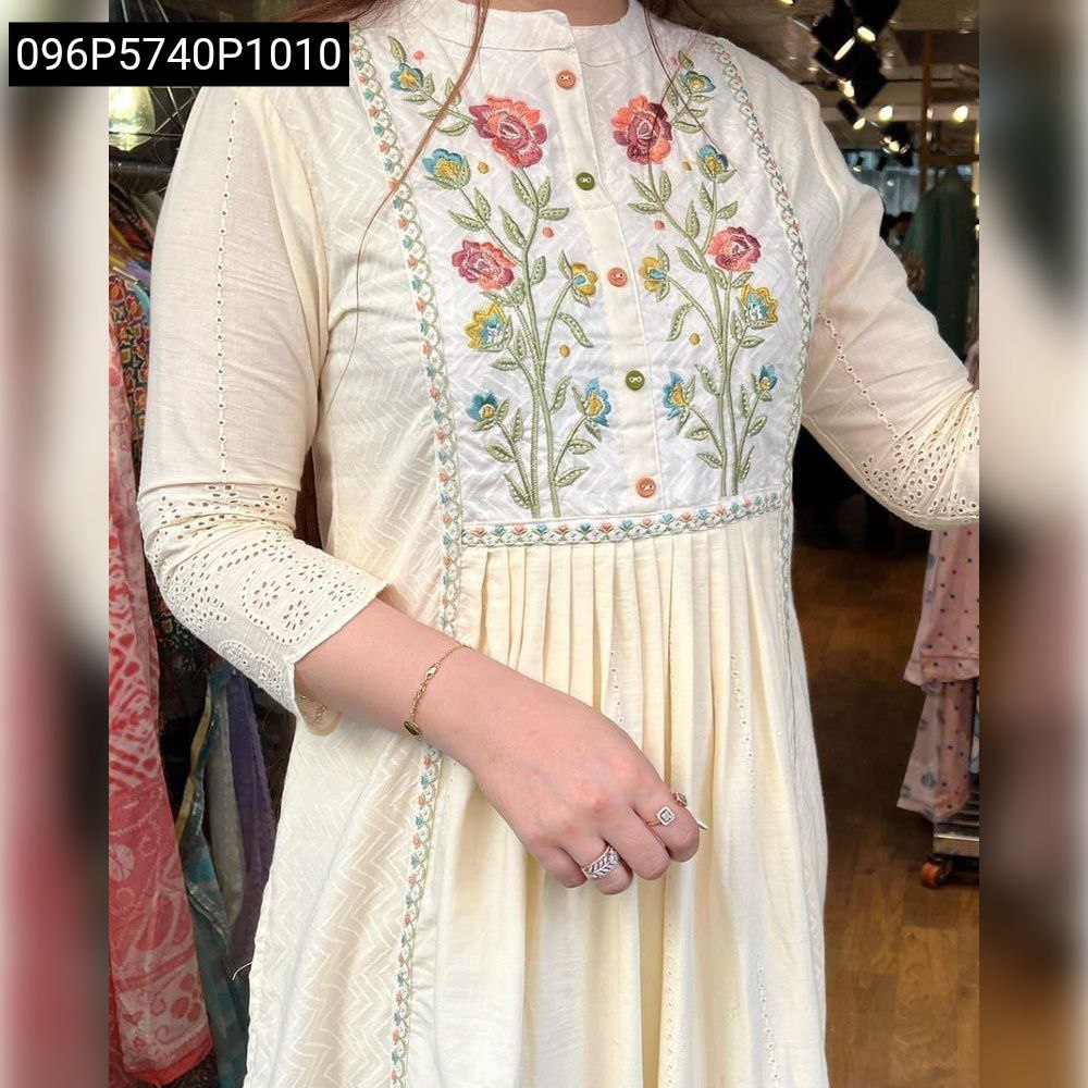 Model wearing the elegant Women's Cream Dobby Self Zikzak Shiffli Kurti, showcasing the embroidered bodice and overall fit.