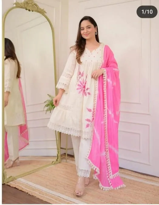 TRENDBUY Model Wearing Shiflli Cotton Kurta Set with Pink Embroidery and Lahariya Dupatta (Full Body, Front Facing)